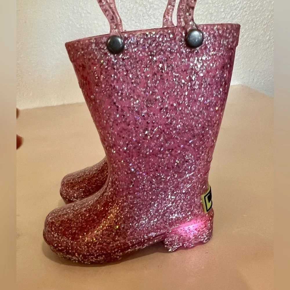Girls 5 Lighted Pink Glitter Saw Tooth Soles Rain Boots NWOT